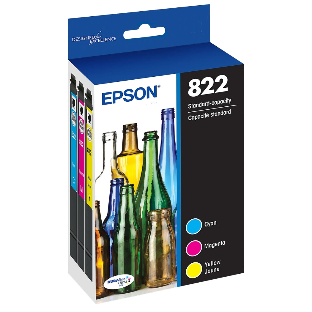 Original Epson 822 Standard Yield Multi-Color (3-Pack) Ink Cartridge, T822520-S