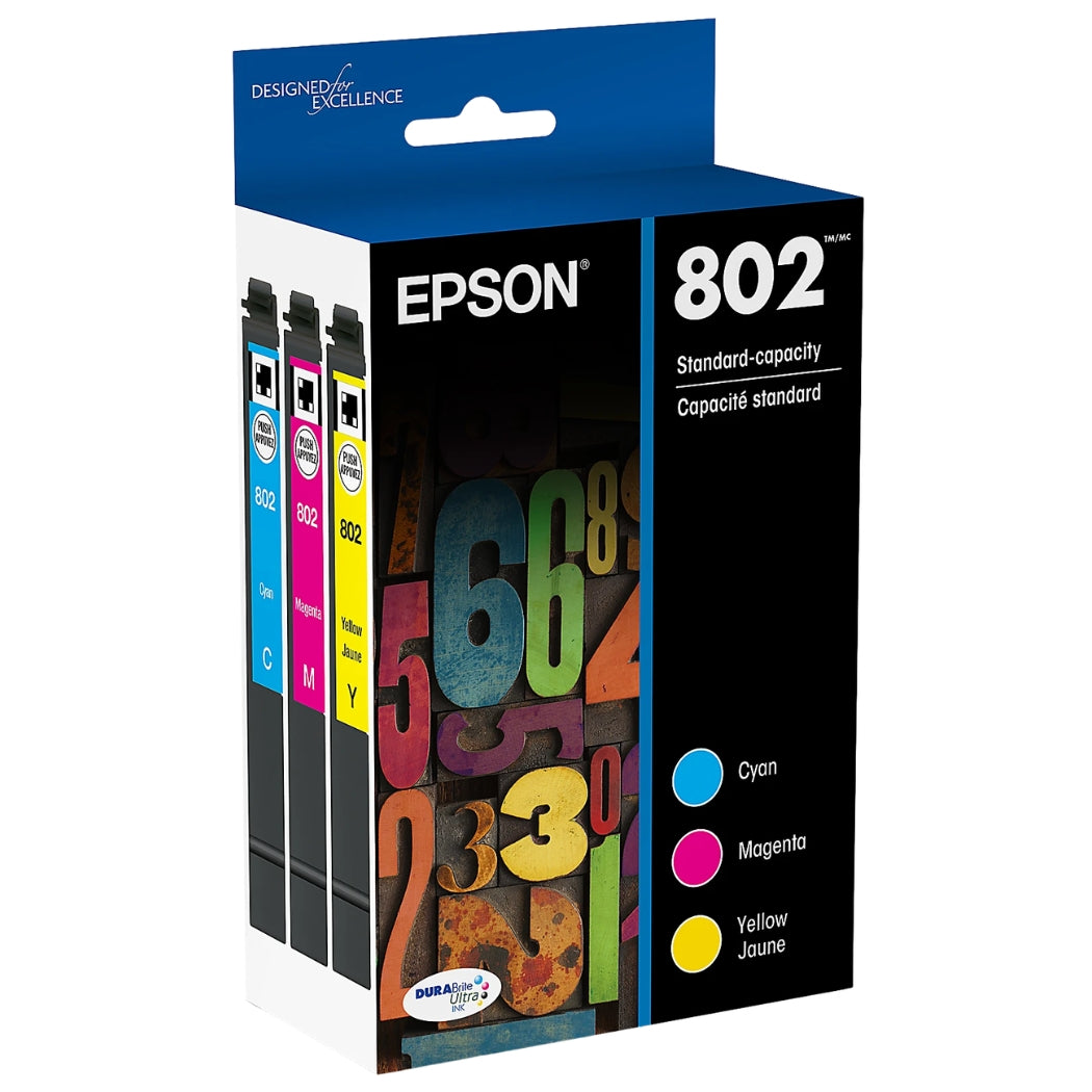 Original Epson T802 Standard Yield Multi-Color (3-Pack) Ink Cartridge, T802520-S