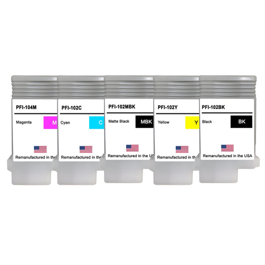 JIT Brand for Canon PFI-102 / PFI-104 130mL Remanufactured in the USA Ink Cartridges 5-Pack