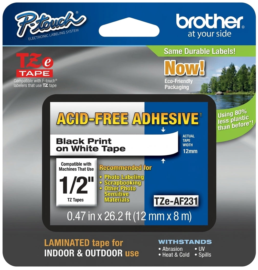 Original Brother P-Touch TZE-AF231 Standard Yield Black on White Label Tape 12mm x 8 m, BRTTZEAF23