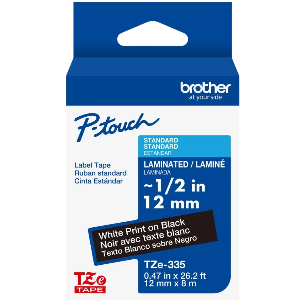 Genuine Brother -touch TZE-335 Label Tape, 1/2" (0.47") Standard Laminated P-Touch Tape, White on black Single-Pack