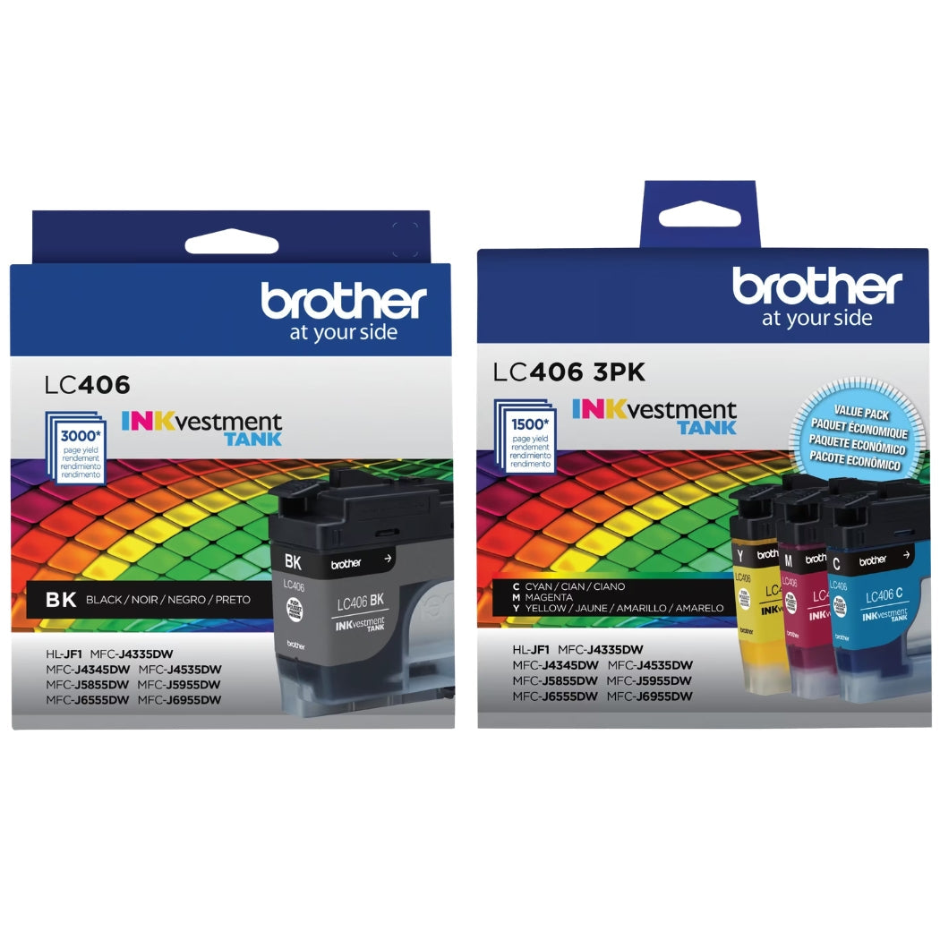 Original Brother LC406 Black and Color Ink Cartridges-4 pack