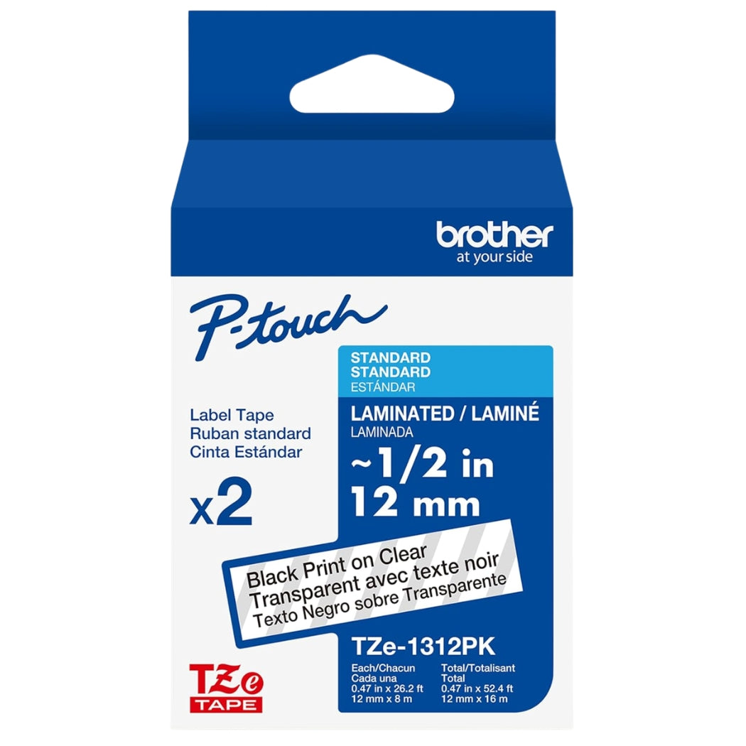Original Brother P-touch TZe-131 Laminated Label Maker Tape, 1/2" x 26-2/10', Black on Clear, 2/Pack (TZe-1312PK)