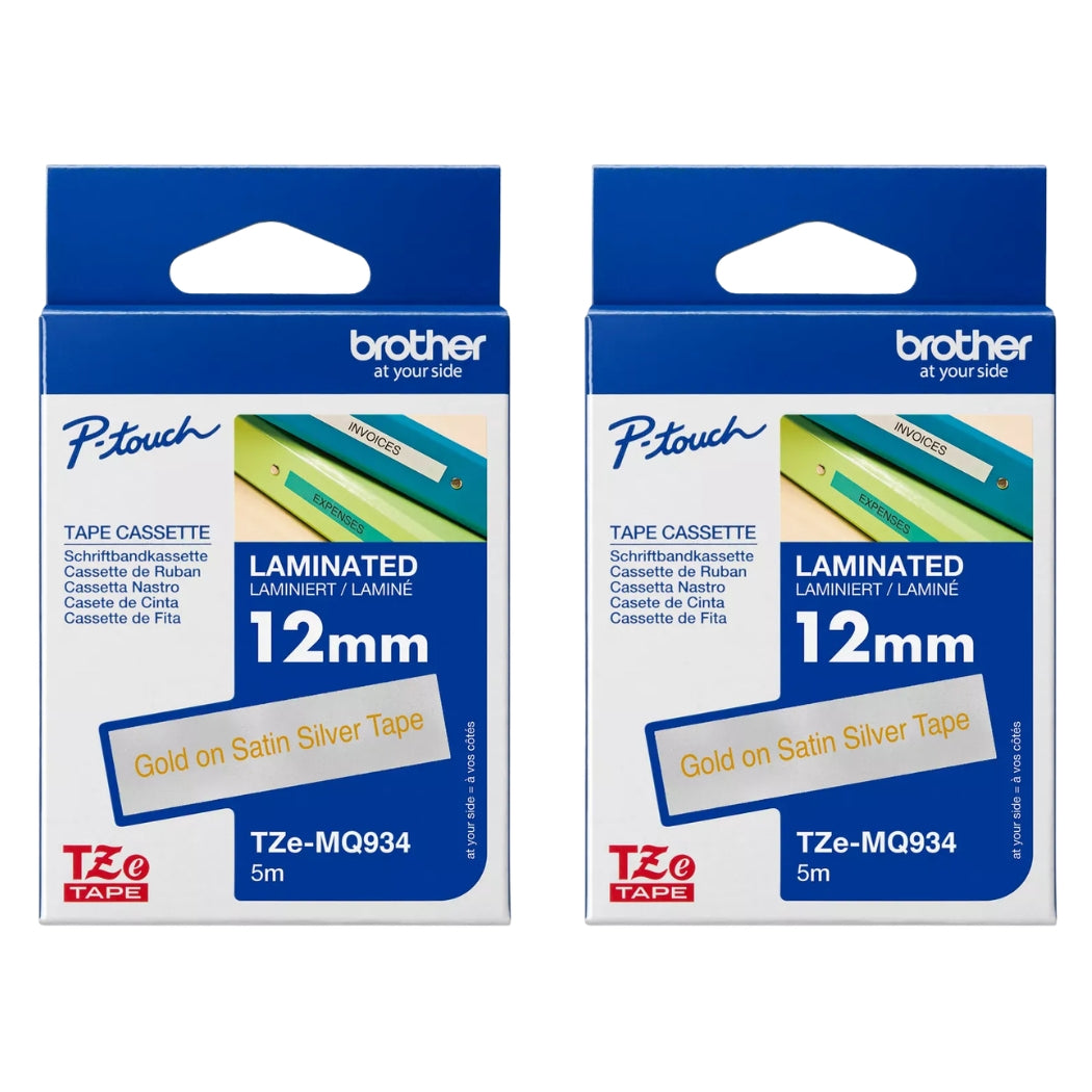 Original Brother TZe-MQ934 1/2 In. Gold on Satin Silver P-Touch Tape