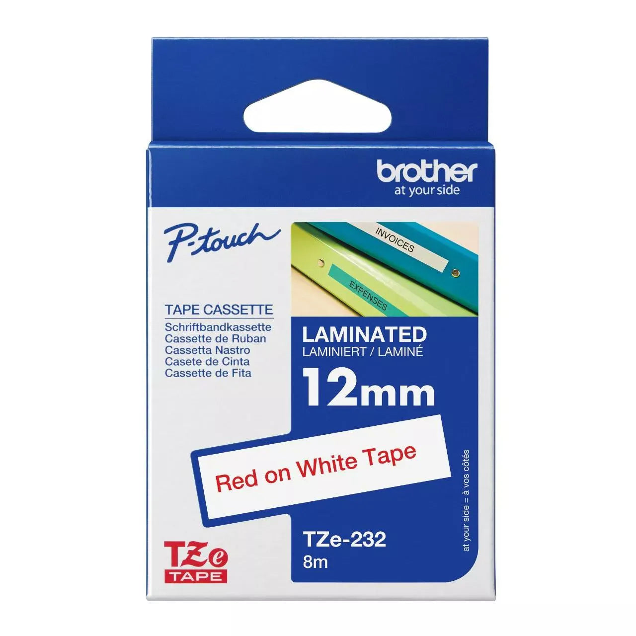 Genuine Brother P-Touch TZE-232 Tape, 1/2" (0.47 mm) Standard Laminated P-Touch Tape, Red on White Laminated for Indoor or Outdoor Use, Water-Resistant 26.2 ft (8m)