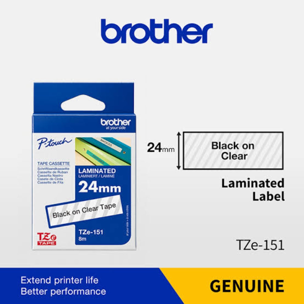 Genuine Brother TZe-151 Labelling Tape Cassette – Black on Clear, 24mm wide