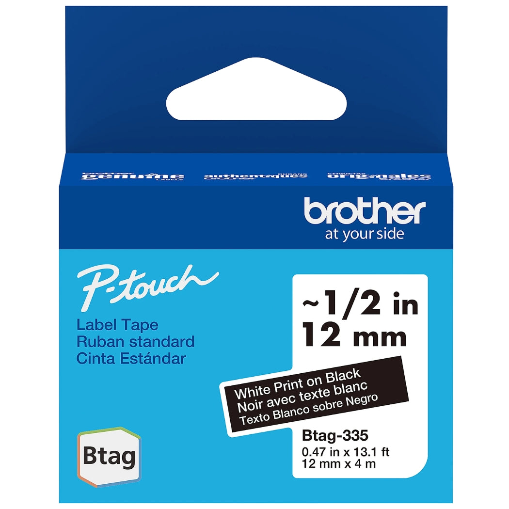Genuine Brother P-Touch Btag BTAG335 White on Black Label Tape ~1/2in by 13.1ft (12mm x 4m)