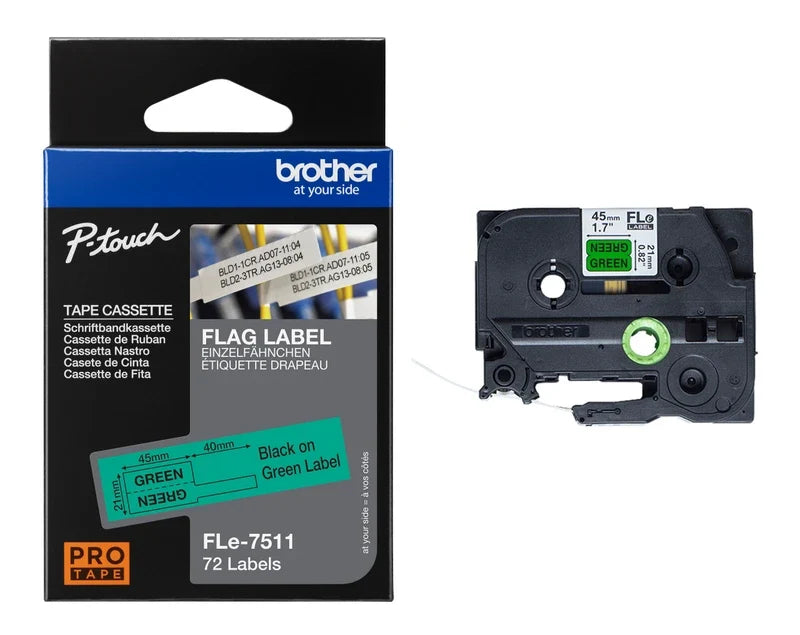 Original Brother FLe-7511 Labelling Tape Cassette, Flag Tape, Black on Green, 21 mm (W) x 45 mm (L), 72 Labels