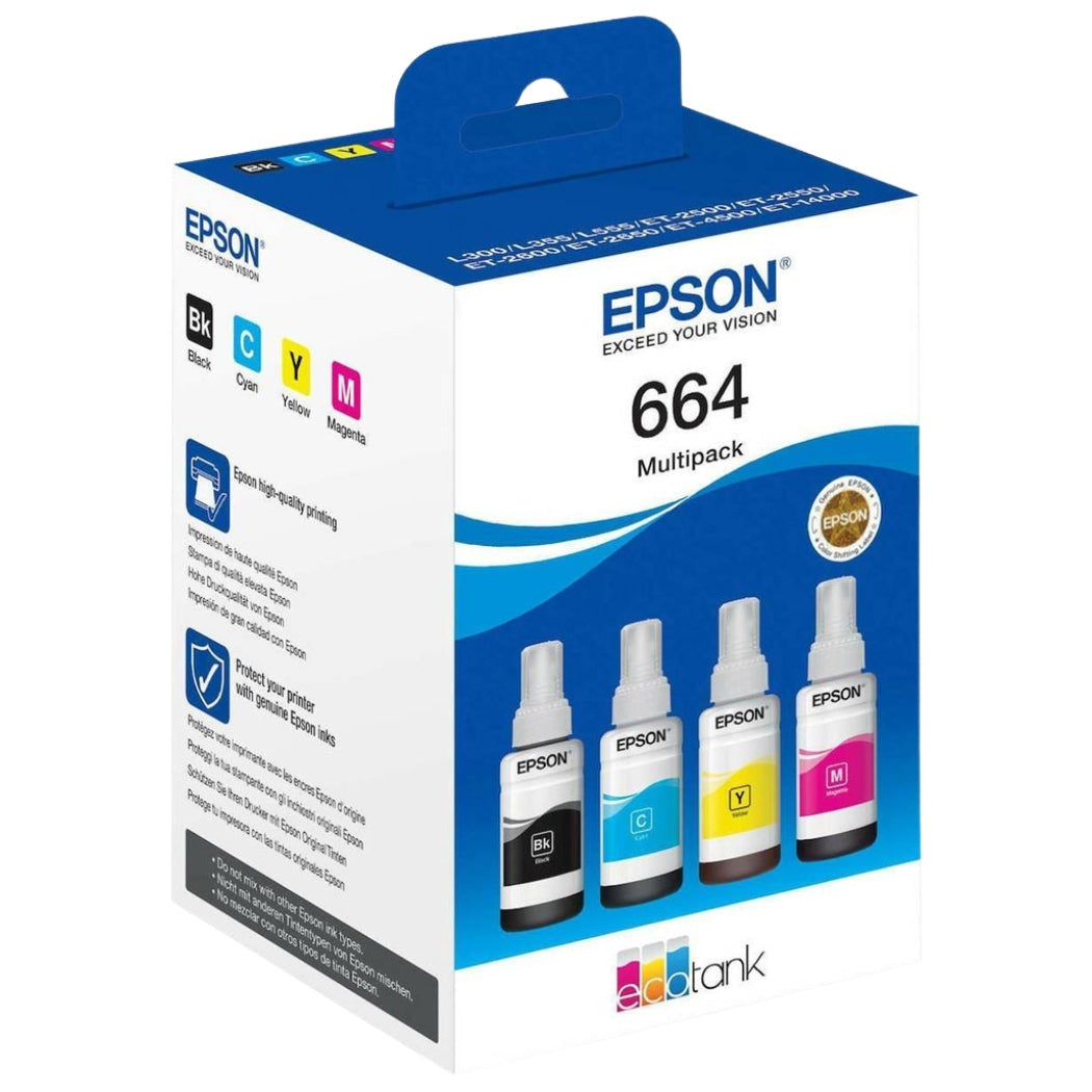 Original Epson (T664) Ultra High-Yield Multi-Color 4-Pack Ink Bottle, C13T664640