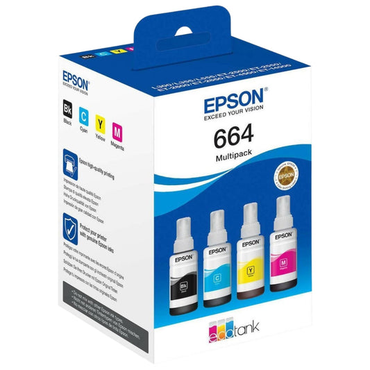 Original Epson (T664) Ultra High-Yield Multi-Color 4-Pack Ink Bottle, C13T664640