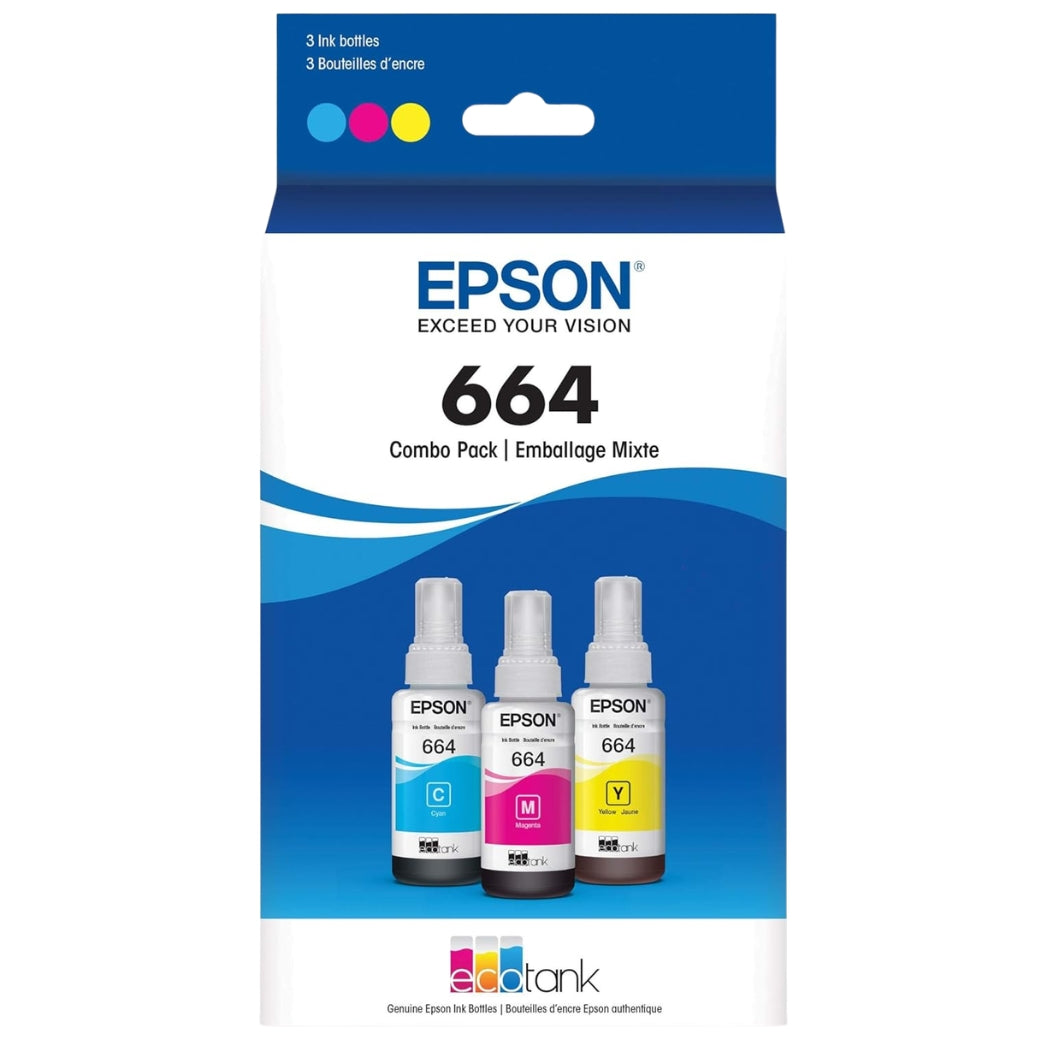 Original Epson (T664) Ultra High-Yield Multi-Color 3-Pack Ink Bottle, T664520-S