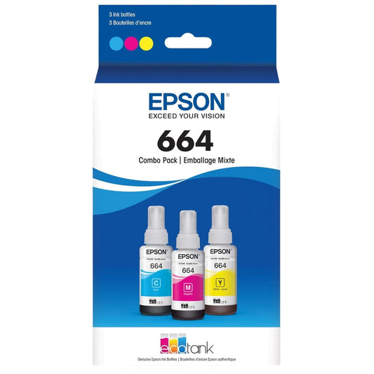 Original Epson (T664) Ultra High-Yield Multi-Color 3-Pack Ink Bottle, T664520-S