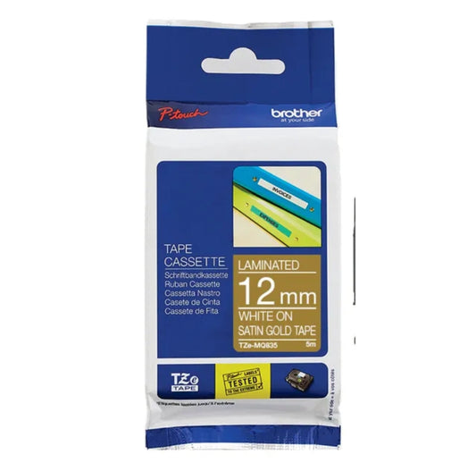 Original Brother TZe-MQ835 Labelling Tape Cassette 12mm (W) * 5m (L) White on stain Gold Tape-TZe-MQ835