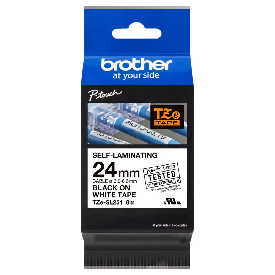 Genuine Brother TZe-SL251 Self Laminating Label Tape Black on White - 24mm Wide x 8m Long