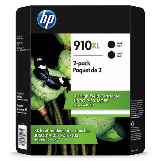 Original HP 910XL High Yield Black Ink Cartridge, 3JB42BN-2 Pack