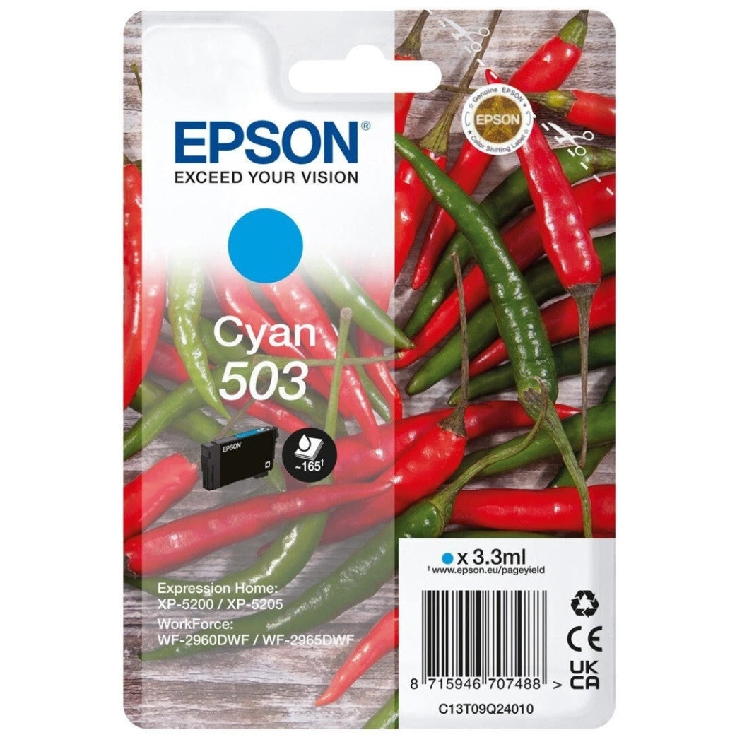 Original Epson 503 Standard Yield Cyan Ink Cartridge, C13T09Q24010