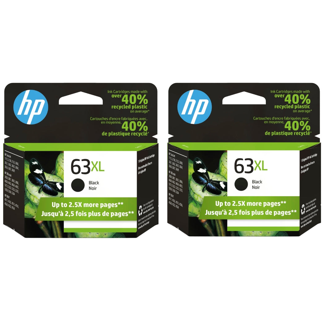 Original High Yield HP 63XL (F6U64AN) Black Ink Cartridge - 2 Pack