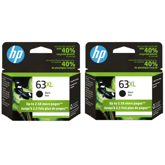 Original High Yield HP 63XL (F6U64AN) Black Ink Cartridge - 2 Pack