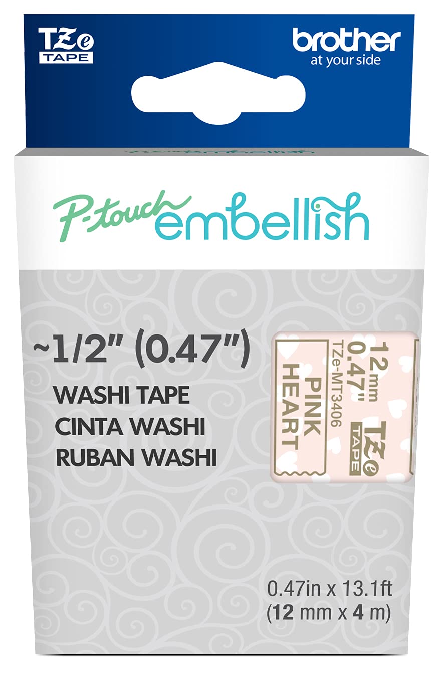 Original Brother P-Touch Embellish Gold Print on Pink Hearts Washi Tape TZeMT3406  ~½” Wide x 13.1’ Long for Use With P-Touch Embellish Ribbon & Tape Printer