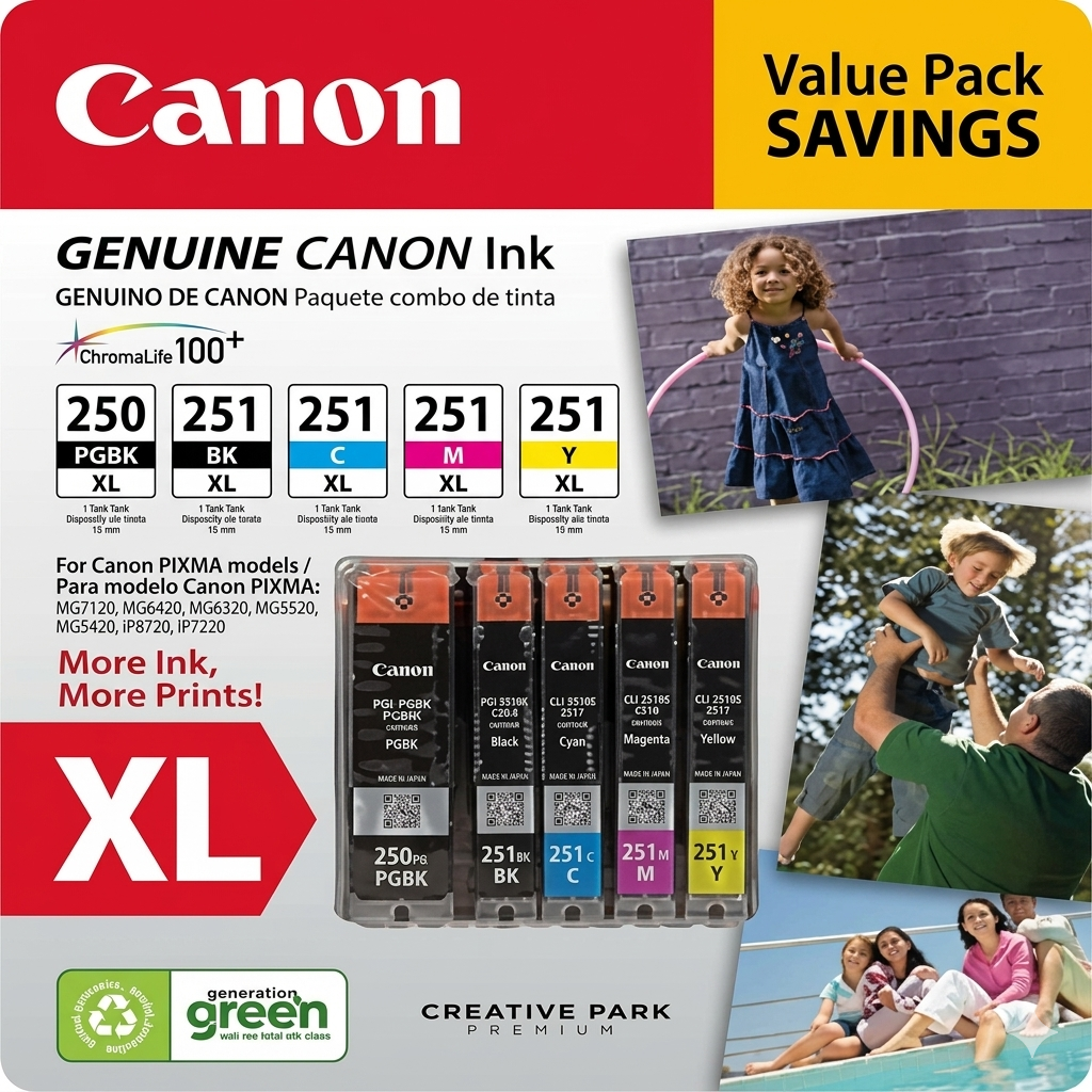 Original Canon PGI-250XL (Black) / CLI-251XL (Tri-Color) Ink Cartridge, 6432B011-Pack of 5