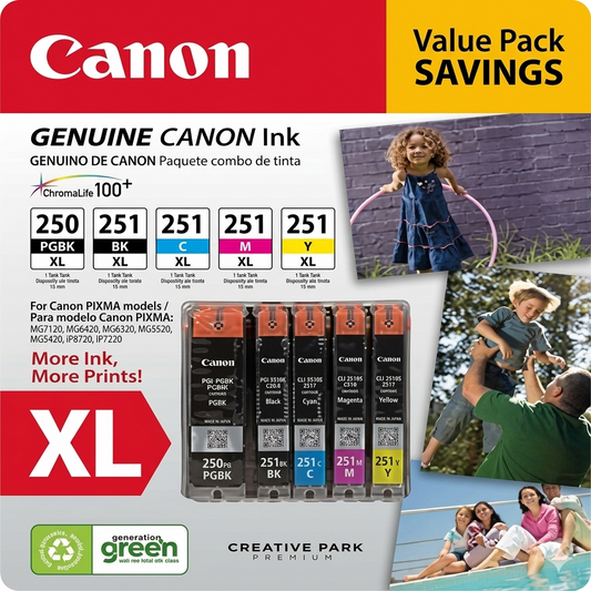 Original Canon PGI-250XL (Black) / CLI-251XL (Tri-Color) Ink Cartridge, 6432B011-Pack of 5