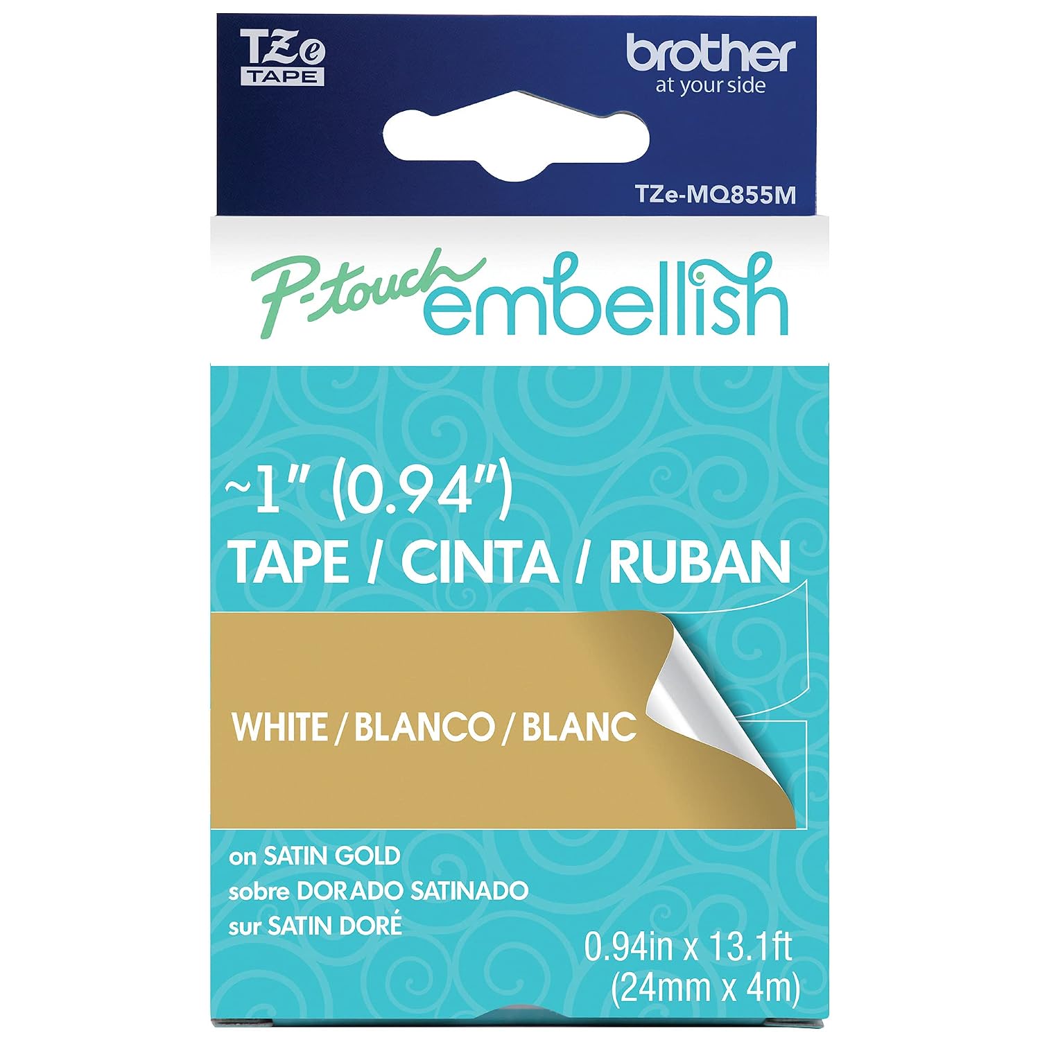 Original Brother P-Touch Embellish White Print on Satin Gold Tape TZE-MQ855M ~1"" Wide x 13.1ft Long (24mm x 4m)