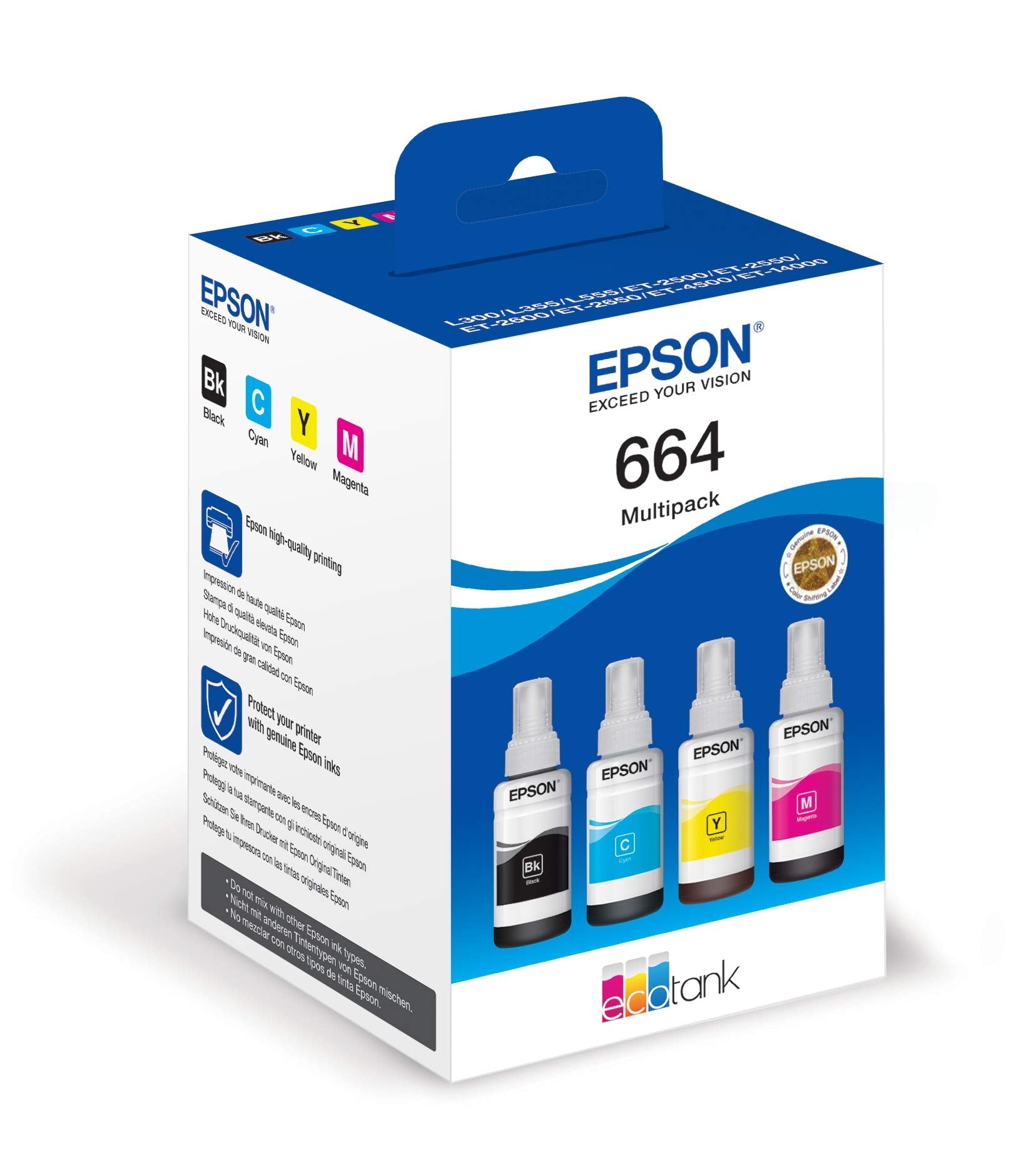 Original Epson (T664) Ultra High-Yield Multi-Color 4-Pack Ink Bottle, C13T664640