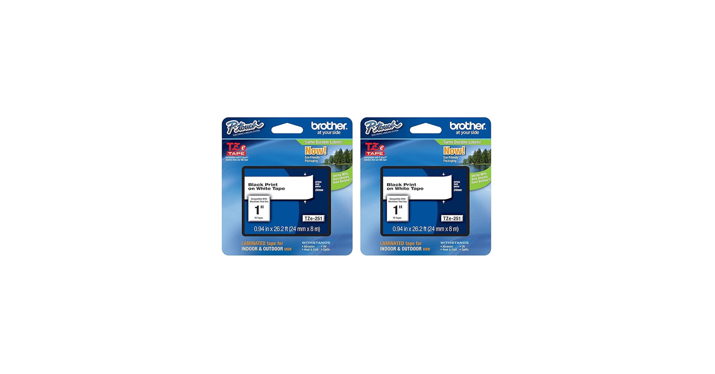 Genuine Brother P-Touch TZe-251 Laminated Tape, Black Print on White Standard Adhesive Laminated Tape for P-Touch Label Makers, Each Roll is 0.94"/24mm (1") Wide, 26.2 ft. (8M) -2 Pack