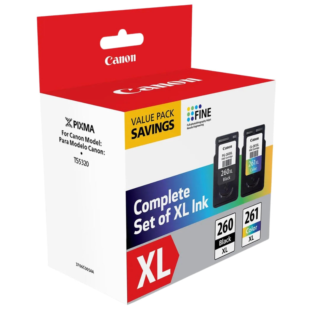 Original Canon PG-260XL/CL-261XL High Yield Black & Color Ink Cartridge, 3706C005
