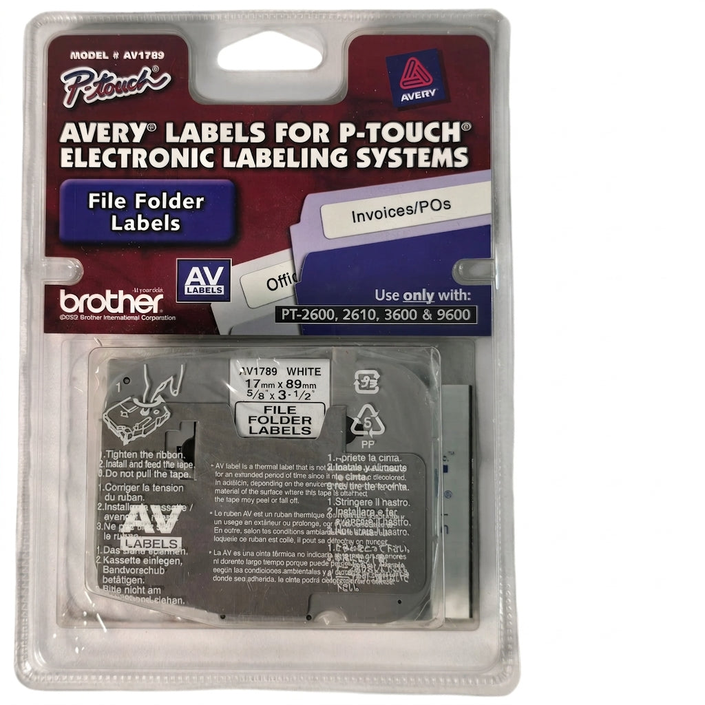 Original Brother P-Touch AV1789 Black On White File Folder Label (17mm x 89mm), AV-1789