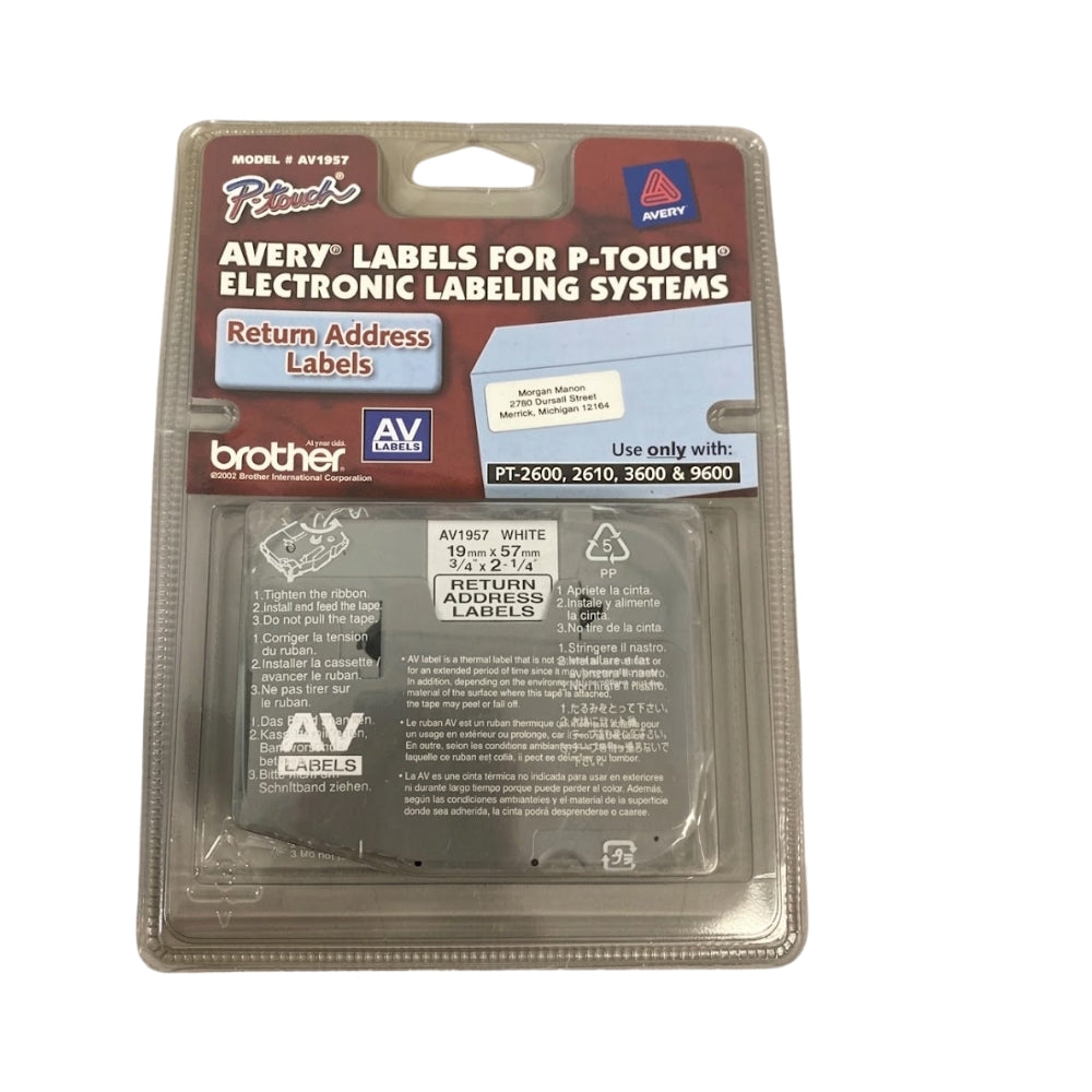 Original Brother P-touch AV1957 Black on White Return Address Labels(19mm x 57mm), AV-1957