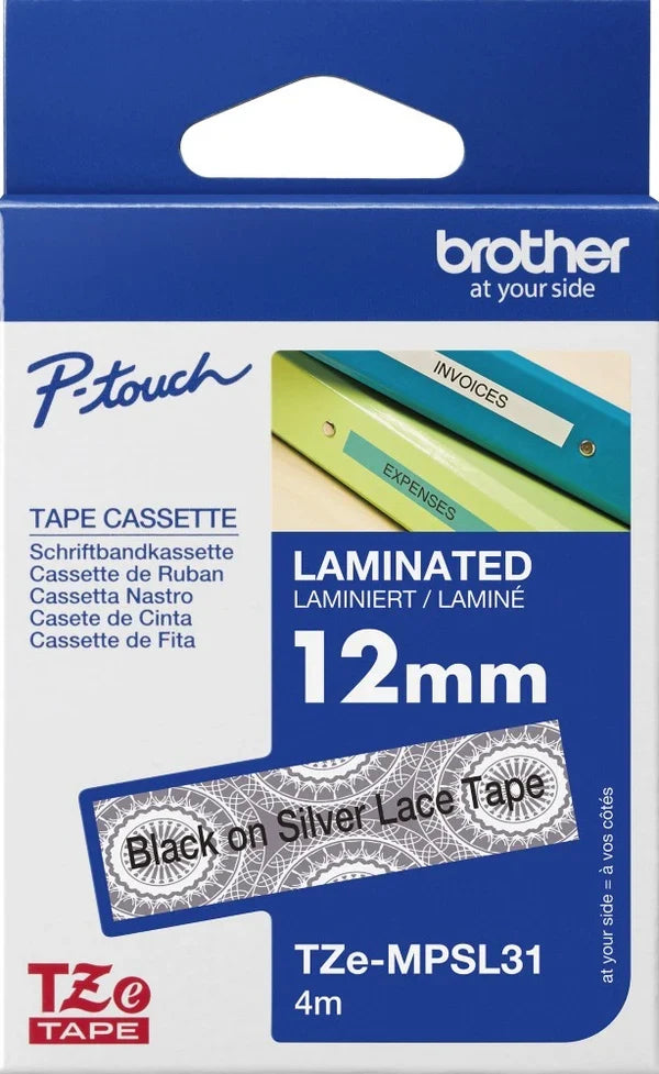 Original Brother TZe-MPSL31 Labelling Tape Cassette, Black on Silver Lace, 12 mm (W) x 4 m (L)