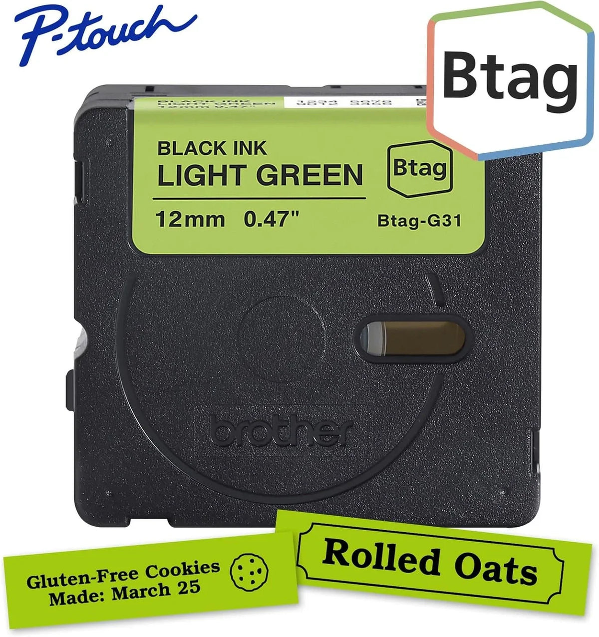 Original Brother BTAG-G31 Standard Yield Black Ink on Light Green Label Tape 12mm, BTAGG31