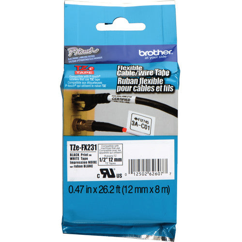 Genuine Brother TZe-FX231 Labelling Tape Cassette Black on White, 12mm wide 