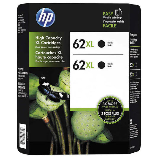 Genuine HP 62XL High Yield Black Ink Cartridge, C2P05AN- 2 Pack