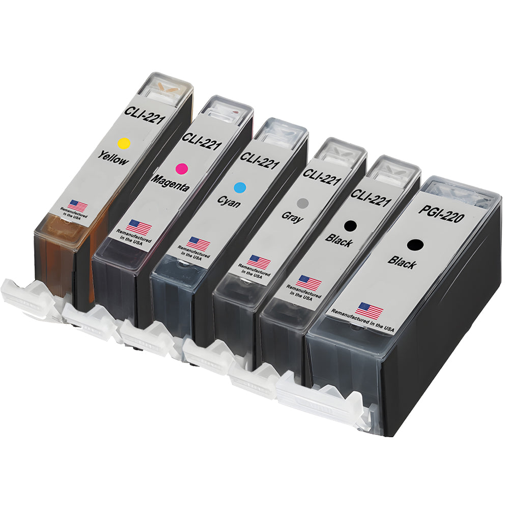 JIT Brand for Canon 1 PGI-220 Black / CLI-221 1 Black, 1 Gray, 3 Colors 6 Pack High Yield Remanufactured in the USA Ink Cartridge