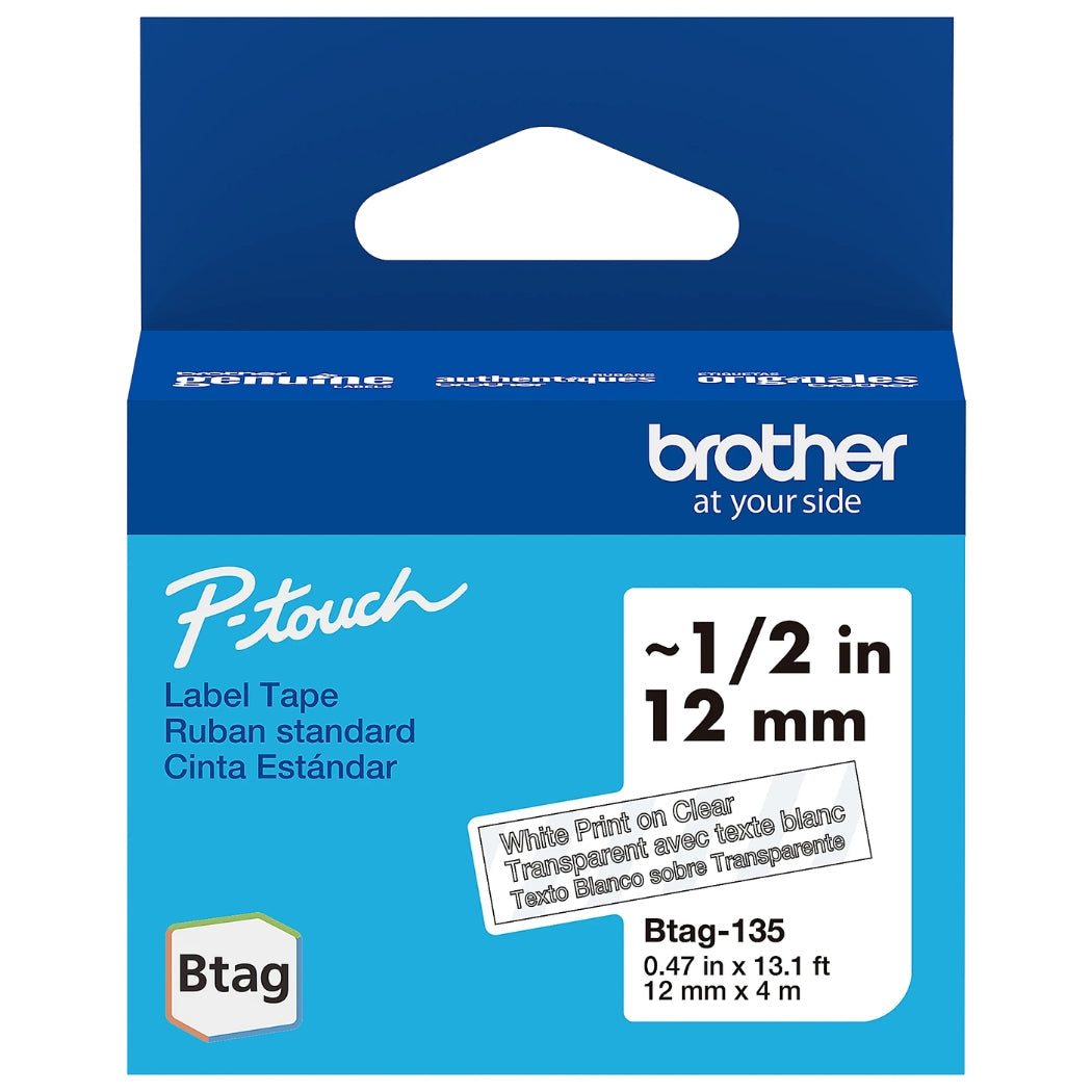 Genuine Brother P-Touch Btag BTAG-135 White on Clear Label Tape ~1/2in by 13.1ft (12mm x 4m)