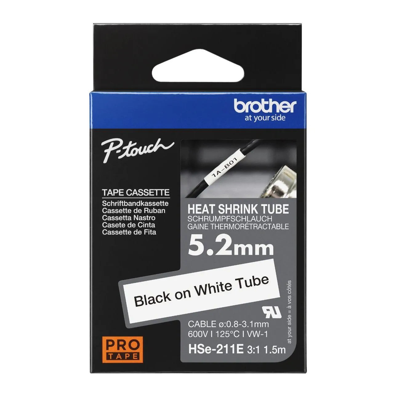 Genuine Brother HSE-211E Heat Shrink Tape, Black On White, 5.22mm x 1.5m
