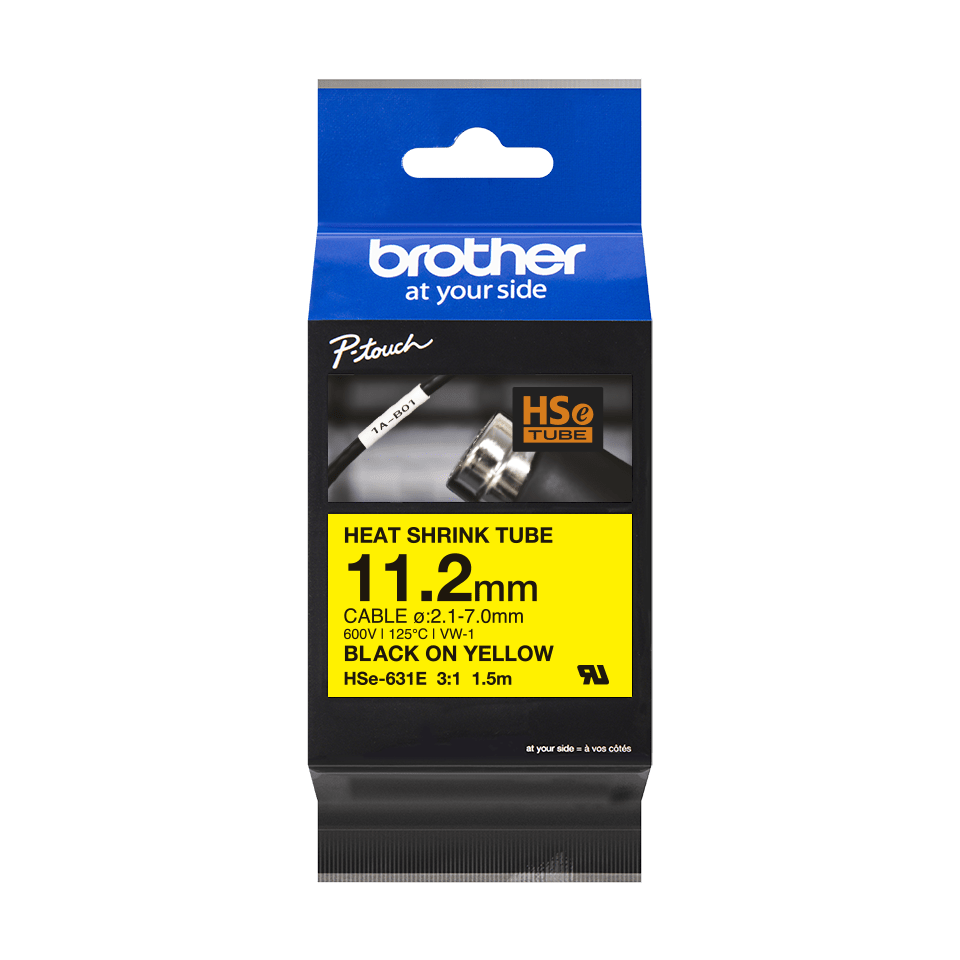 Original Brother HSE-631E Heat Shrink Tape, Black On Yellow, 11.2mm x 1.5m