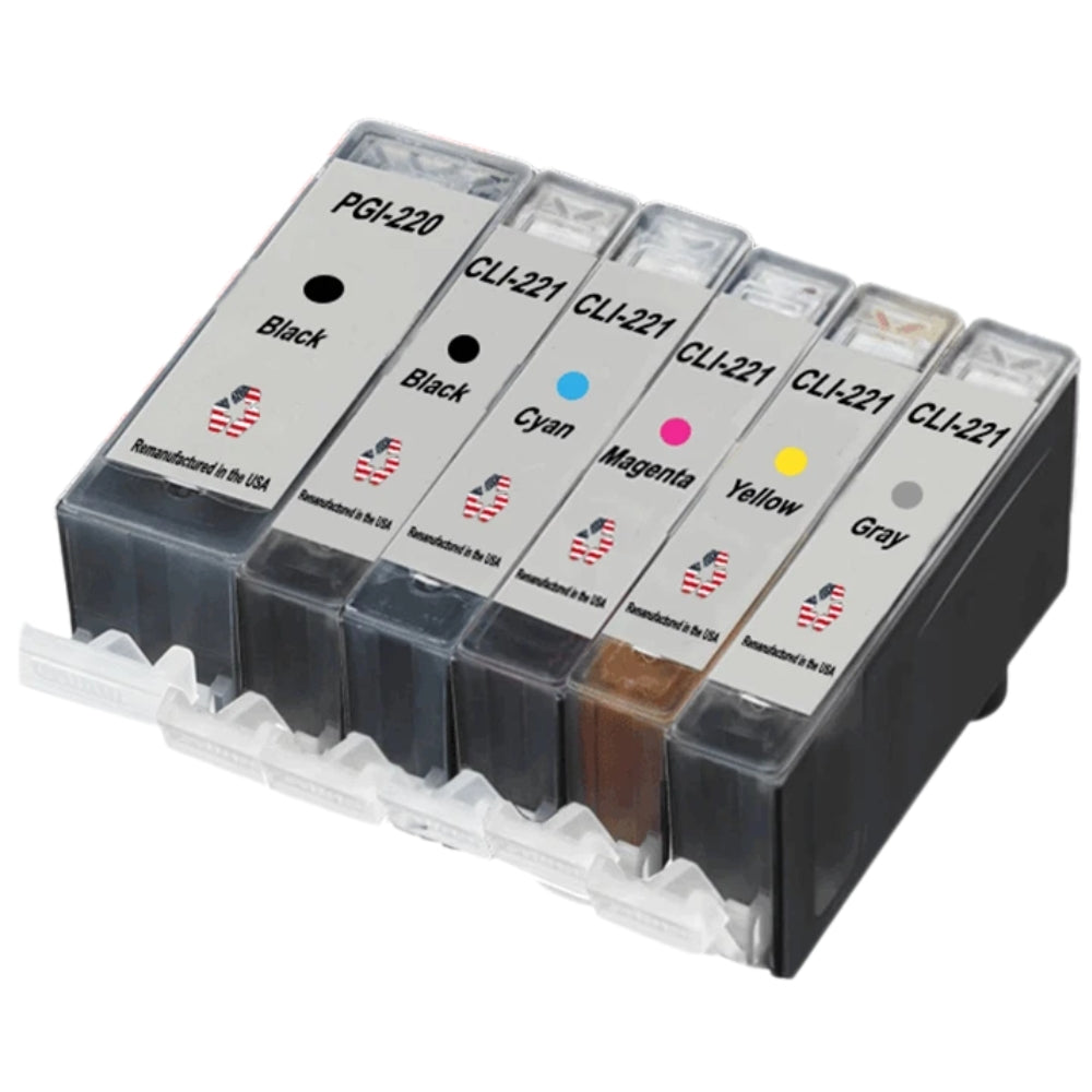 JIT Brand for Canon 1 PGI-220 Black / CLI-221 1 Black, 1 Gray, 3 Colors Remanufactured in the USA Ink Cartridges 6-Pack