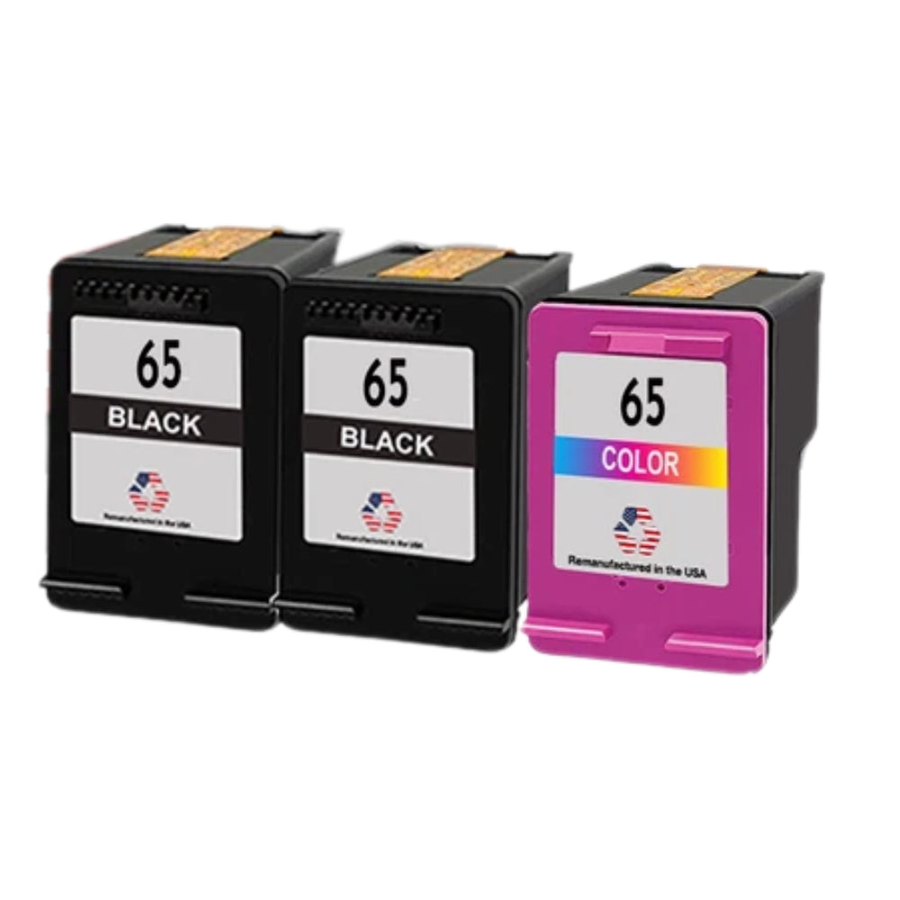 JIT Brand for HP 65 2 Black / 1 Color 3-Pack Remanufactured in the USA Ink Cartridges