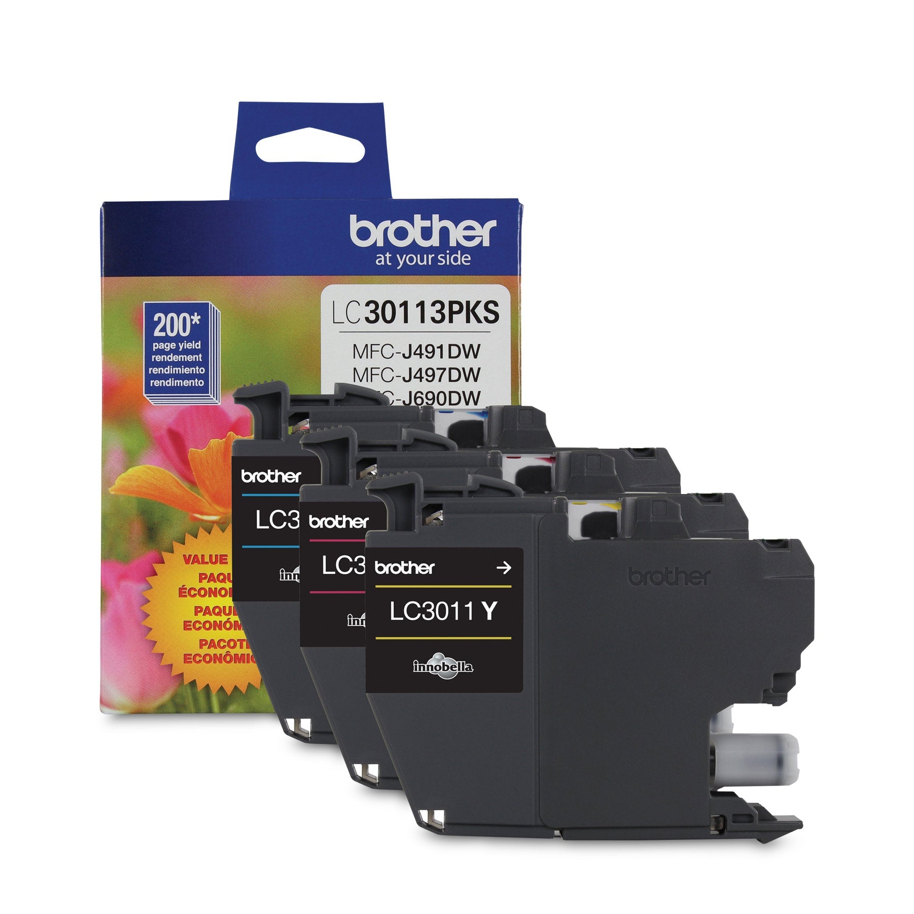 Original Brother LC3011 Standard Yield Cyan/Yellow/Magenta Ink Cartridges, LC30113PKS