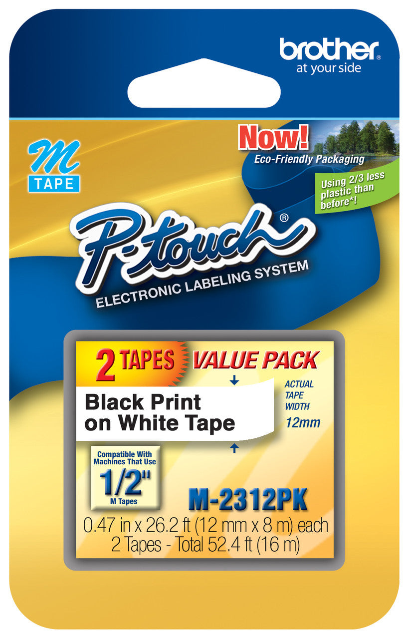 Genuine Brother Tape, 1/2" (0.47") Wide Standard Non-Laminated Tape, Black on White - M-231-2PK