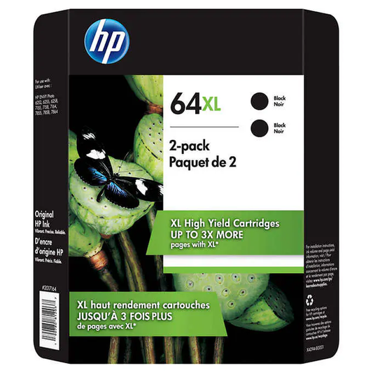 Original HP 64XL High Yield Black Ink Cartridge, N9J92AN-2 Pack