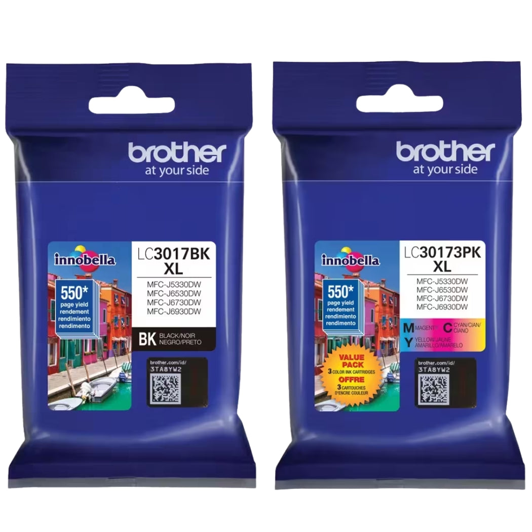 Original Brother LC3017XL Black, Cyan, Magenta, Yellow Ink Cartridge, 4-Pack