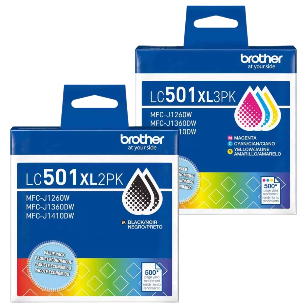 Original Brother LC501XL High Yield Multi-Color (2-Black) & (Color) Ink Cartridge, BCMY-5 Pack