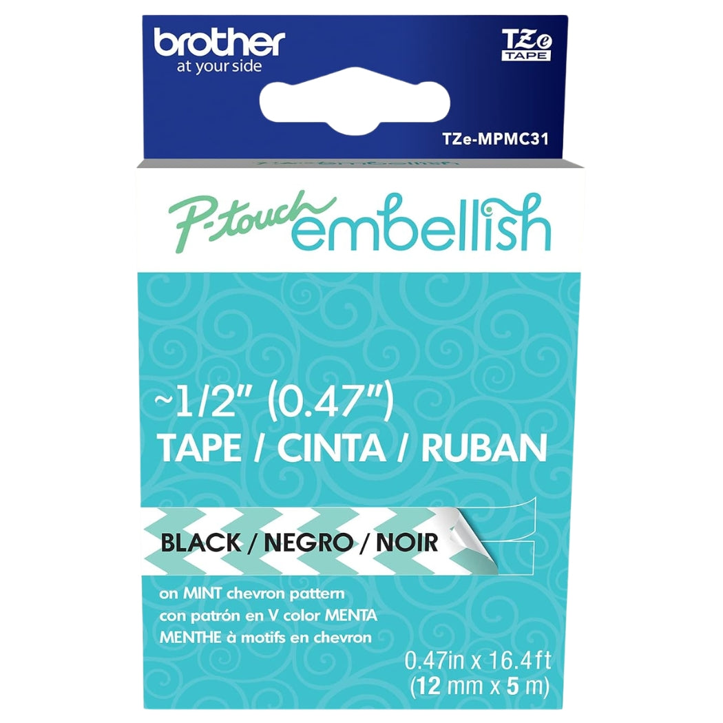 Original Brother P-Touch Embellish Black Print on Mint Chevron Pattern Tape TZEMPMC31 – ~½” Wide x 13.1’ Long