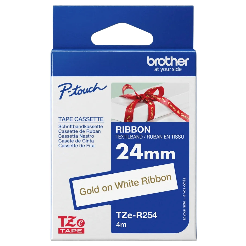 Original Brother TZe-R254 Labelling Tape Cassette 24mm (W) * 4m (L) Gold on White Ribbon -TZe-R254