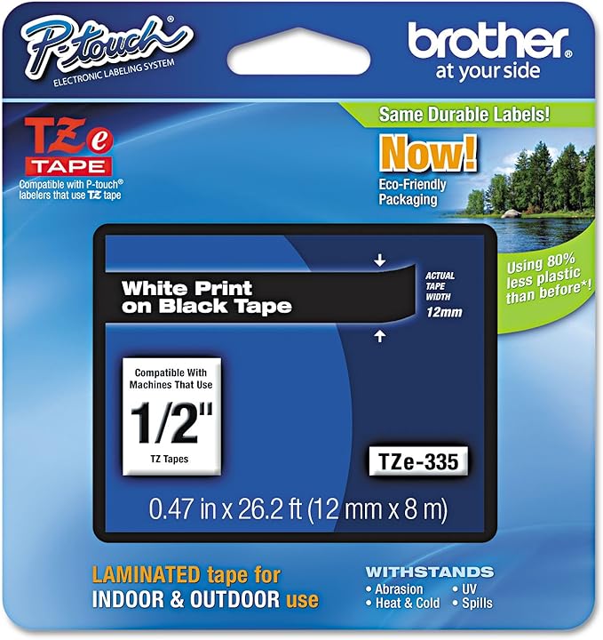 Genuine Brother -touch TZE-335 Label Tape, 1/2" (0.47")  Standard Laminated P-Touch Tape, White on black Single-Pack 
