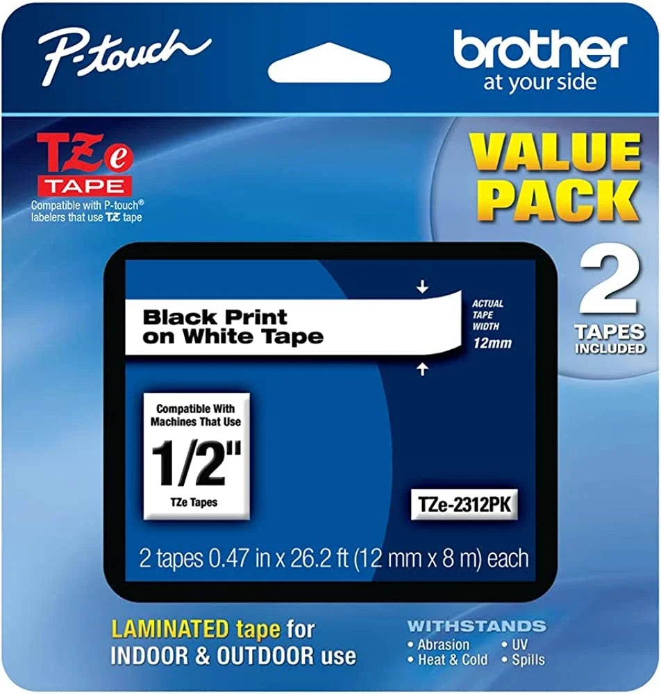 Genuine Brother TZe-2312PK 1/2 In. Black on White P-Touch Label Tape 2/Pack